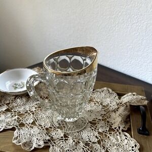 Vintage Jeanette Thumbprint Glass Pitcher Gold Rim Pressed Glass Footed